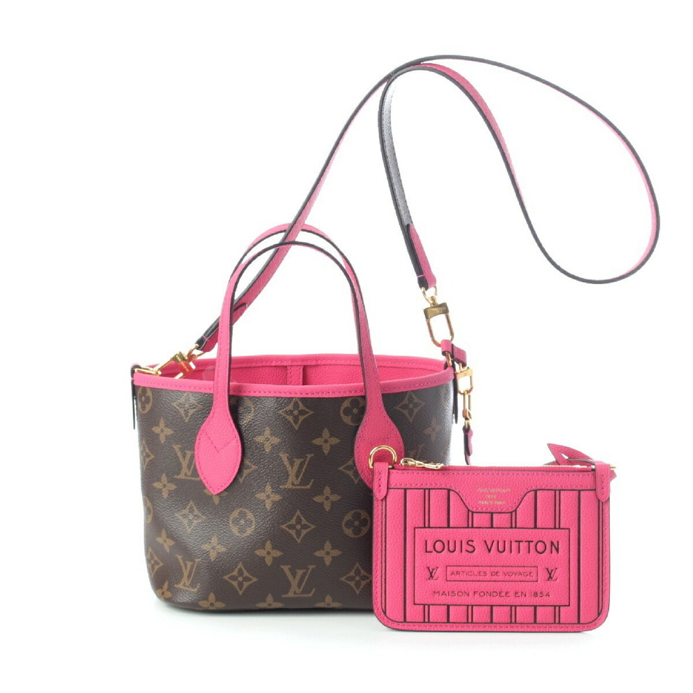 Louis Vuitton Neverfull Tote Pouch Leather Bag Brown Out Monogram Handbag Pink